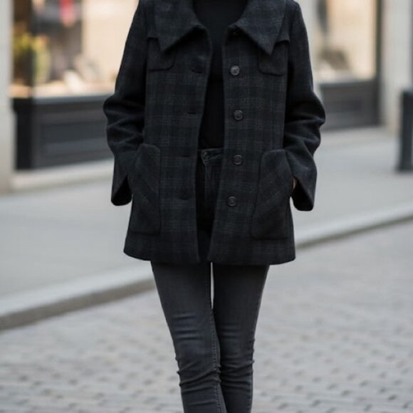 MACKAGE Plaid Check Bell Sleeves Wool Coat Jacket Leather Pockets Lined Collar L - Picture 12 of 13